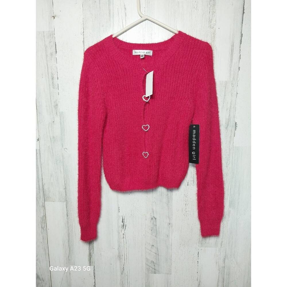 Madden Girl Red Fuzzy Sweater M Heart Cut Out Rhinestone Valentines Coquette Y2K